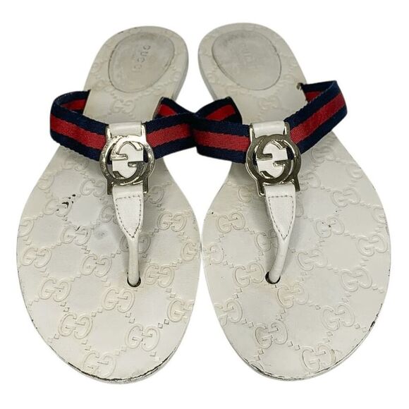 Gucci GG Web Stripe Thong Sandals EU 38.5 US 8.5 White Flip Flop Slide Flat Heel - Picture 2 of 12